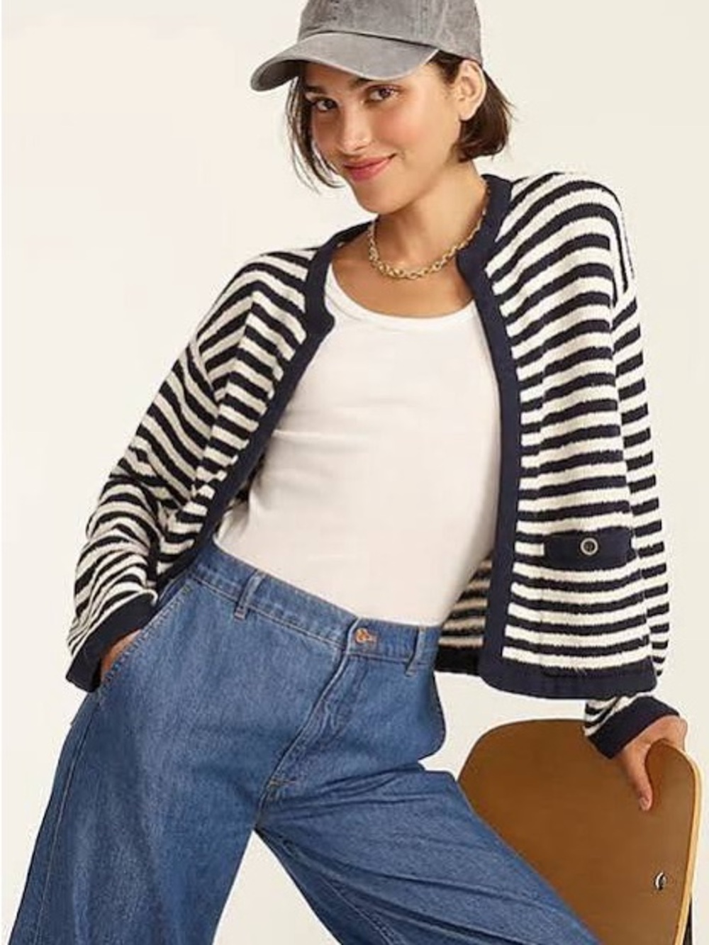 J. Crew Navy and White Striped Cropped Cardigan